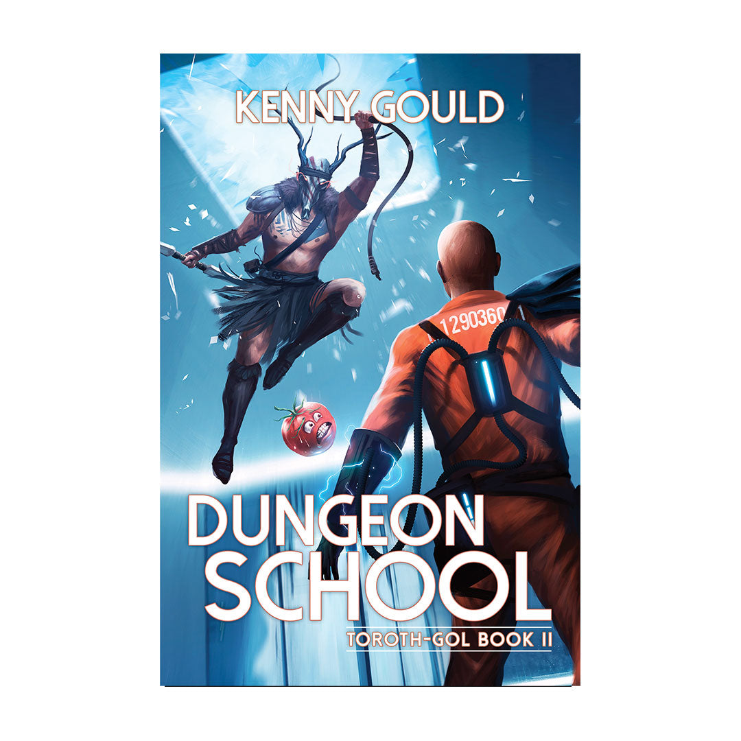 Book cover of fantasy book 'Dungeon School' by author Kenny Gould with two characters on a blue background.