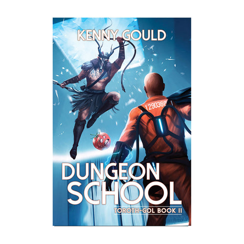 Book cover of fantasy book 'Dungeon School' by author Kenny Gould with two characters on a blue background.