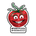 Cartoon tomato with a face and green stem on a white background, featuring the text #PERRYPOSSSE and @THEKENNYGOULD.