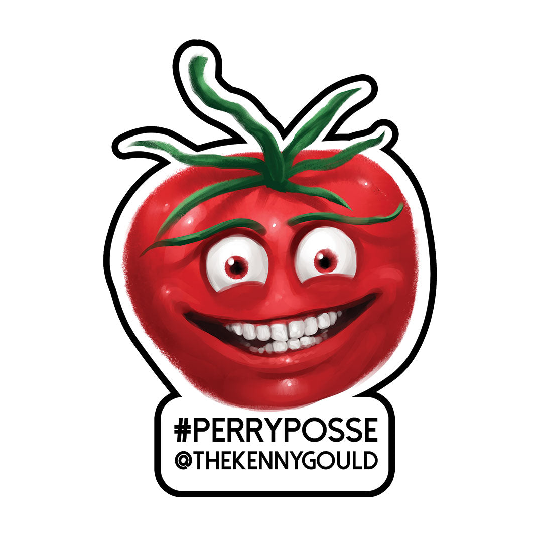 Cartoon tomato with a face and green stem on a white background, featuring the text #PERRYPOSSSE and @THEKENNYGOULD.