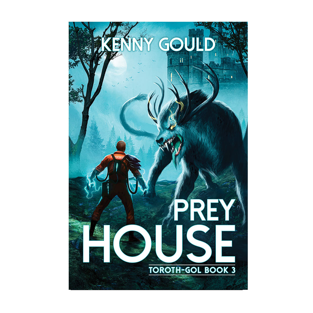 The cover of fantasy book 'Prey House' by author Kenny Gould, featuring the protagonist and a giant wolf with antlers.
