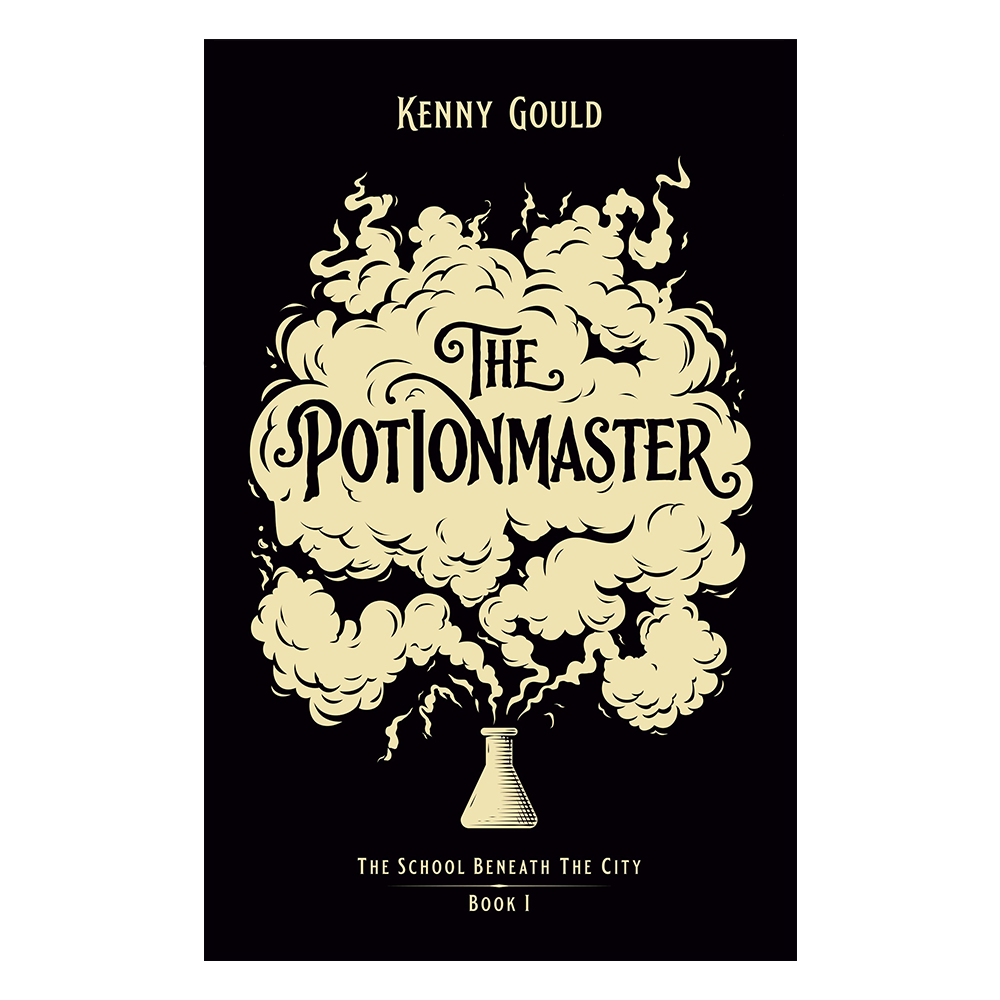 Book cover of 'The Potionmaster' by Kenny Gould with a cloud design and potion bottle illustration.
